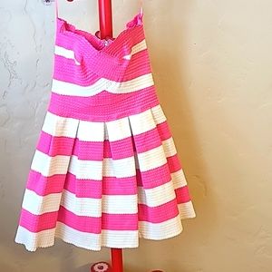 Pink & white striped strapless bandage stretch dress